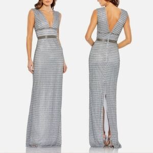 Mac Duggal Women's Silver Beaded Cap Sleeve Deep V-Neck Formal Evening Gown